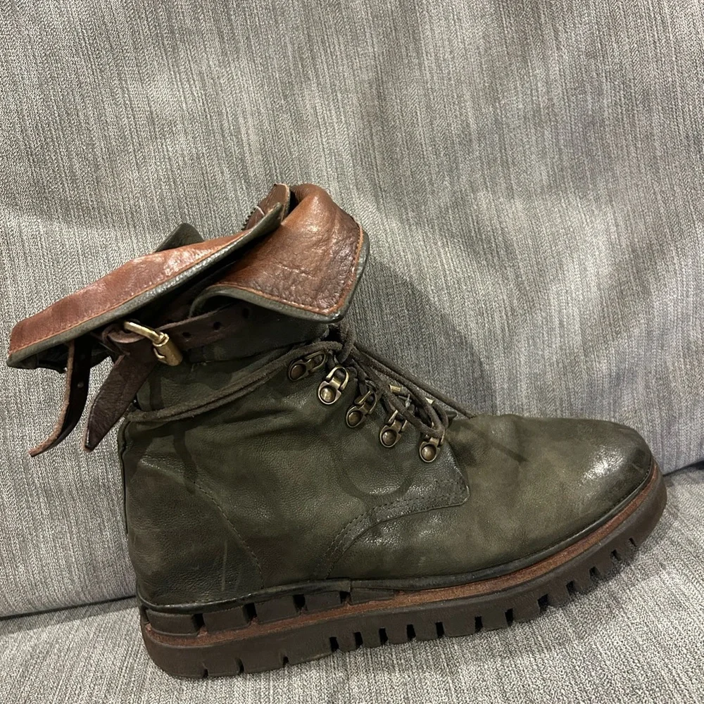 A.S.98 Olive Green Leather Lace-Up Ankle Boots with Brown Strap - Picture 4 of 7